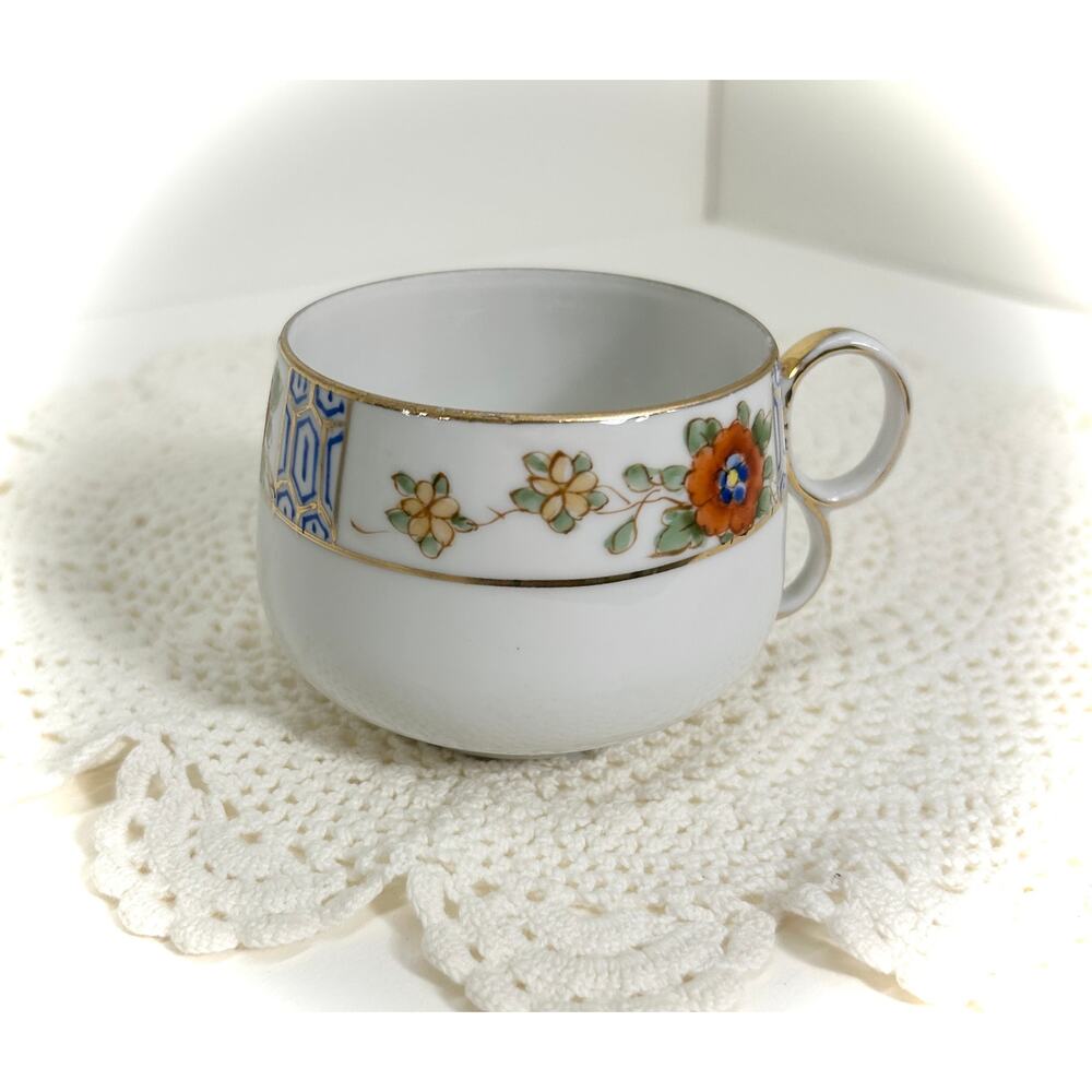 Nippon Teacup, Floral and Gold Hexagon Pattern - VTG Hand Painted Fine Porcelain